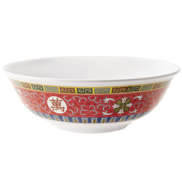 A close-up of a GET Melamine Dynasty Longevity bowl with oriental designs.