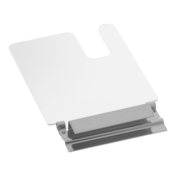 A notched clear plastic lid with a stainless steel hinge, featuring a rectangular cutout and rounded corners.