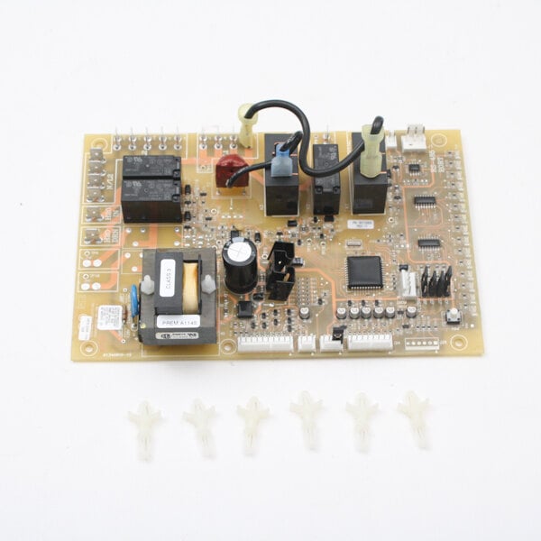 A close-up of a Follett Corporation 240v control board with wires and connectors on a white background.