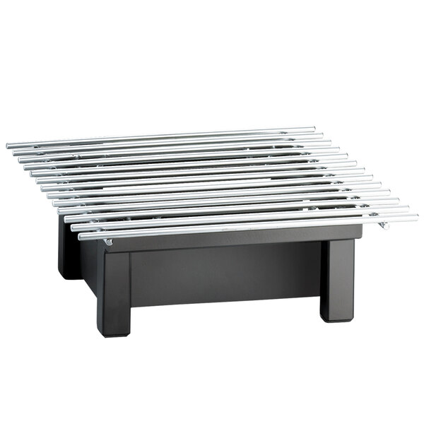 A black metal Cal-Mil chafer griddle with a metal grate inside.