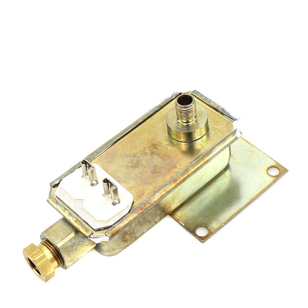 A metal Vulcan Hart gas valve with a brass handle and screws.