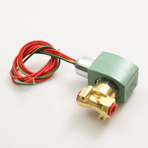 A green and gold Hatco solenoid valve with red wires.