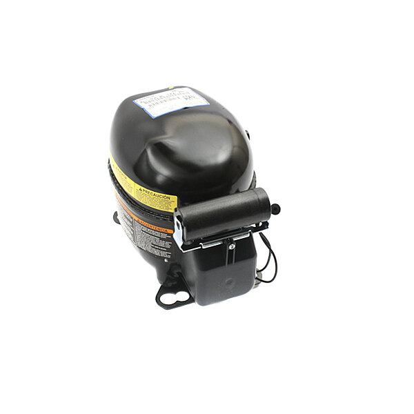 a black air compressor with a yellow label