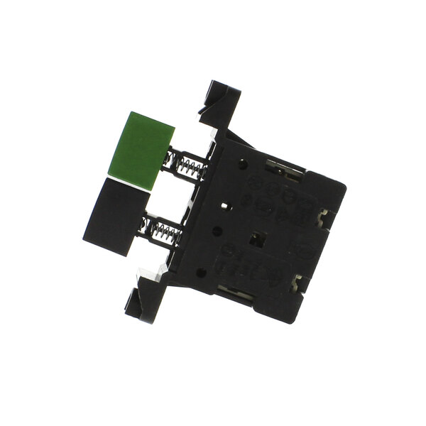 The back of a black rectangular Jet Tech 20065 push button with a green connector.
