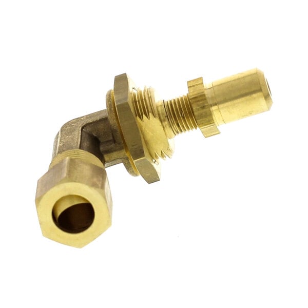 A brass Vulcan burner orifice with a nut.