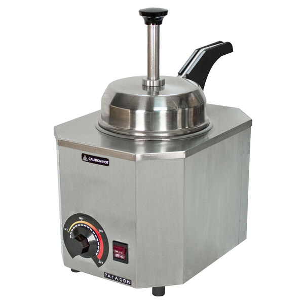 A silver stainless steel Paragon Pro-Deluxe food warmer with a lid.