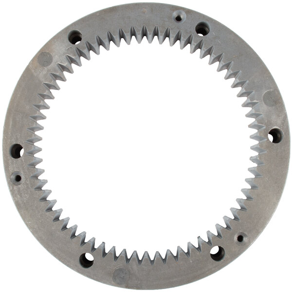 A circular metal turning plate gear with many holes.