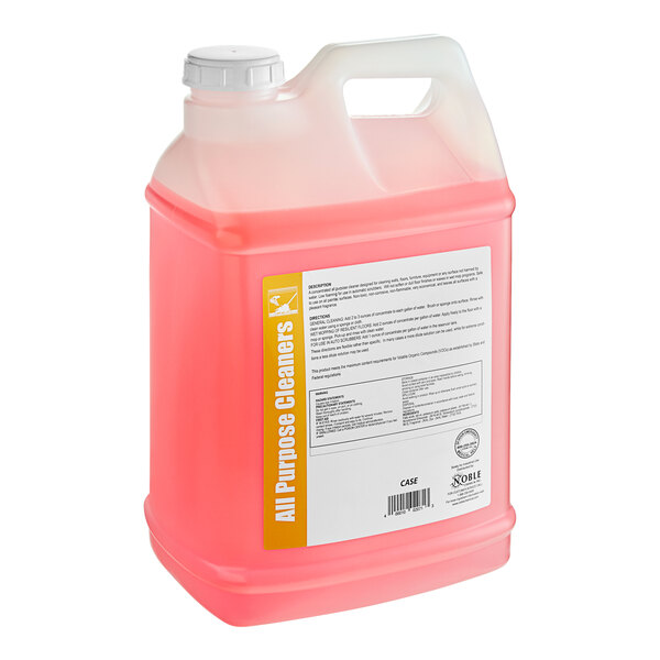 A large plastic container of pink Noble Chemical All Surf All Purpose Concentrated Liquid Cleaner.
