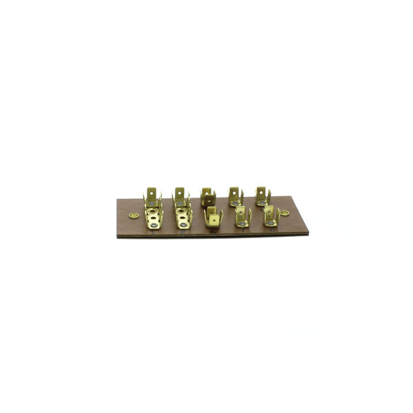 A brown rectangular Norlake terminal strip with six brass screws.