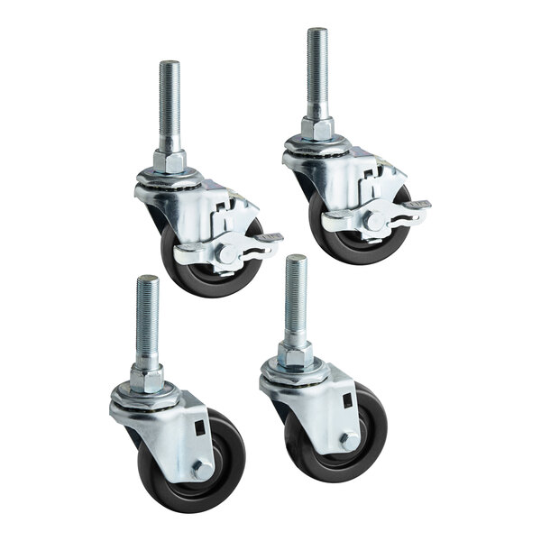 A package of four Henny Penny casters with black rubber wheels.