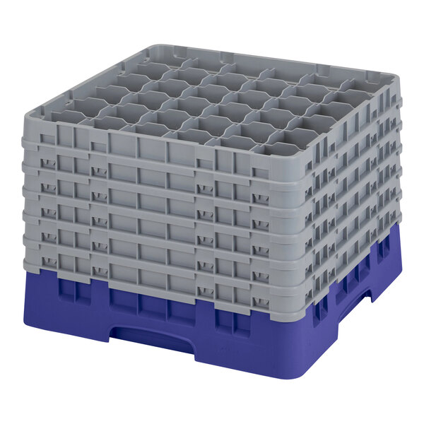 A stack of navy blue plastic Cambro glass racks with extenders.
