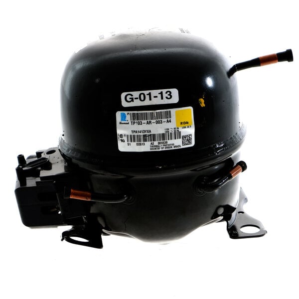 A black Master-Bilt Tecumseh air compressor with a white label.