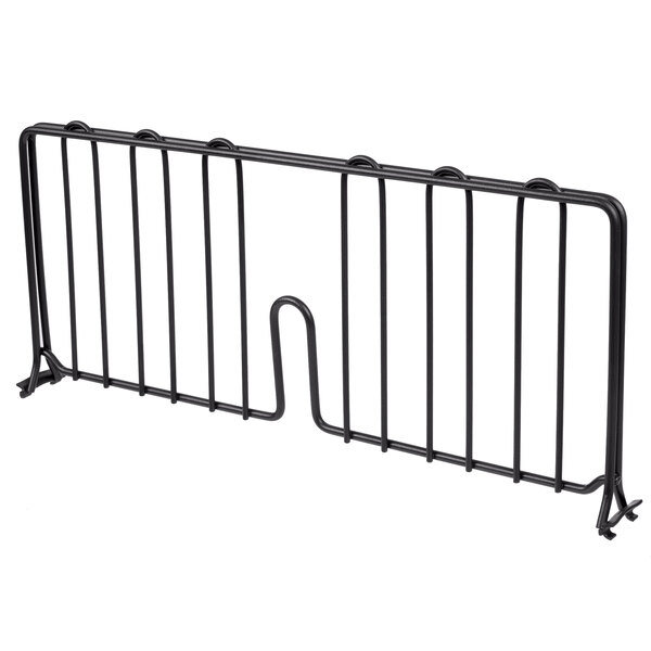 A black metal wire shelf divider with two bars.