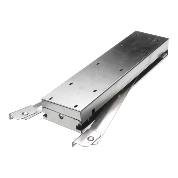 A metal Duke door track assembly with screws and holes.