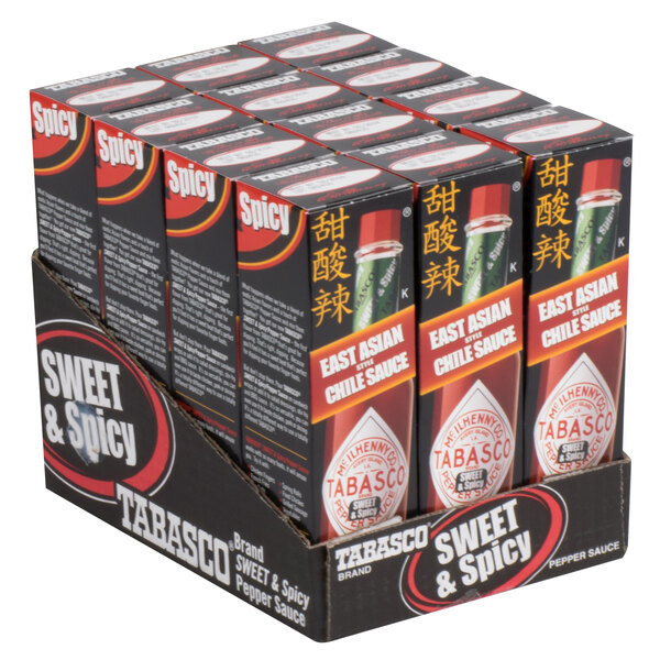 A close-up of a black box of TABASCO Sweet & Spicy Hot Sauce.