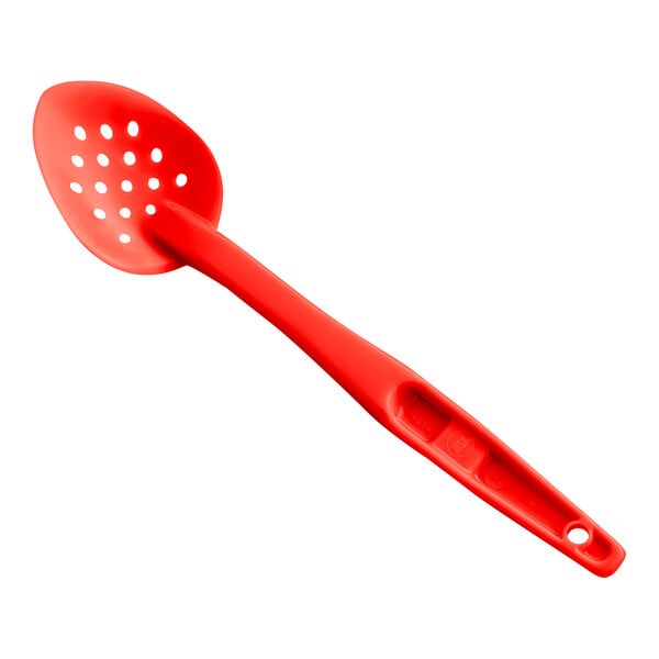 A red Cambro Camwear perforated salad bar spoon.