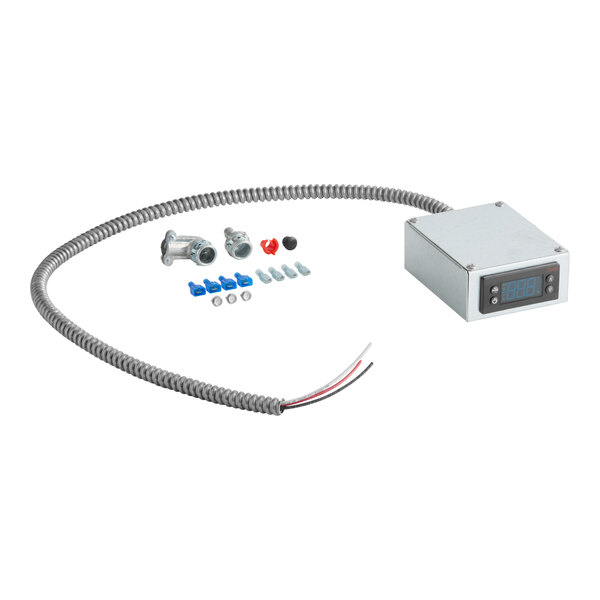 An electronic thermostat assembly kit with a digital display, wiring, and installation hardware.
