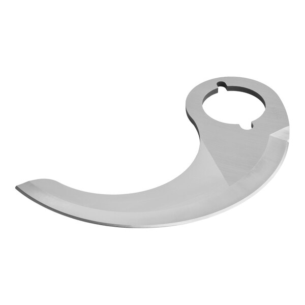 A curved metal replacement knife blade for a Hobart food processor.