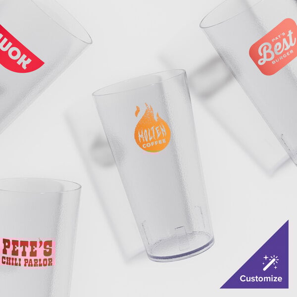 A group of customizable clear plastic tumblers.