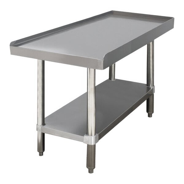 An Advance Tabco stainless steel equipment stand with a galvanized undershelf.