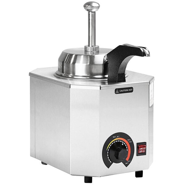 A silver square stainless steel Paragon Pro-Deluxe warmer with a black handle.