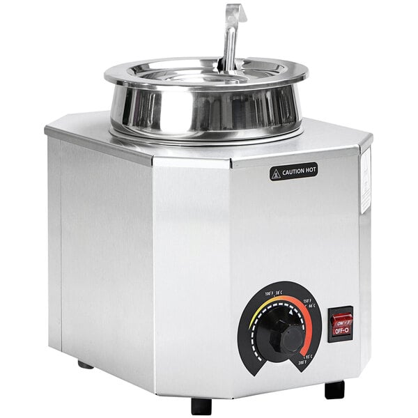 A silver Paragon Pro-Deluxe food warmer with a lid on top.