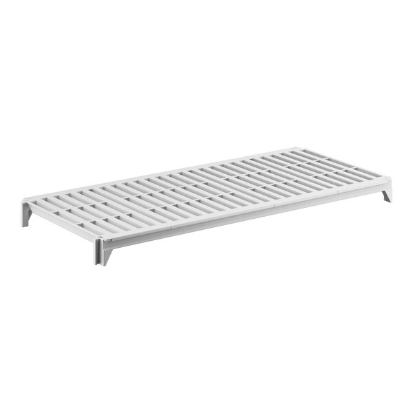 A white plastic shelf with a white metal vented grate.