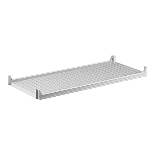 A white rectangular Cambro Camshelving® Premium vented shelf with metal slats.
