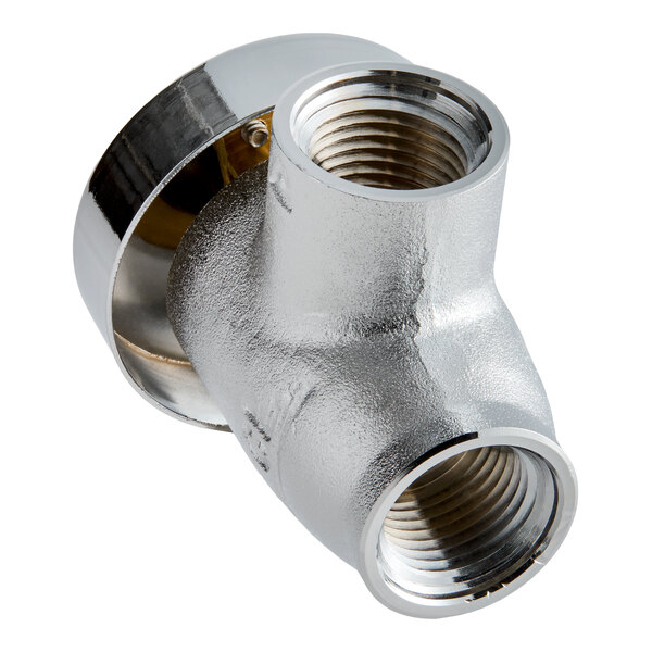 A metallic, T-shaped plumbing fitting with threaded openings and a circular flange.