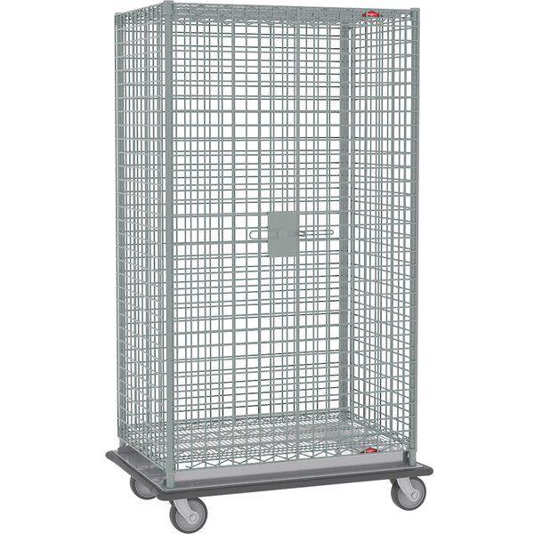 A Metro wire security cabinet on wheels with a door.