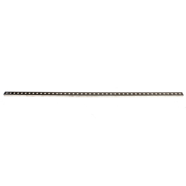 A Victory stainless steel pilaster strip with small holes.