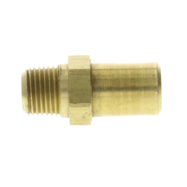 A close-up of a brass threaded male connector.
