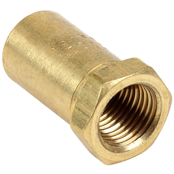 A gold metal pipe with a brass nut on a threaded end.