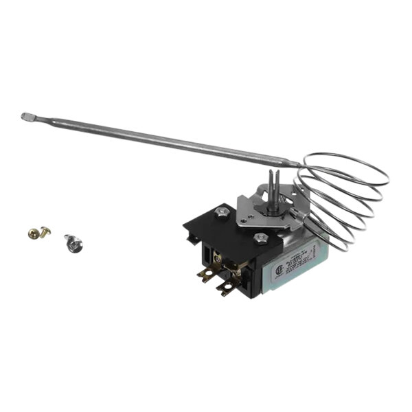 A US Range griddle thermostat kit with a small metal device and a long metal rod.