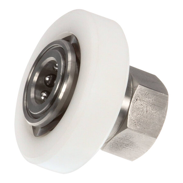 A white plastic wheel with a metal nut for an Ultrafryer Systems female quick disconnect.