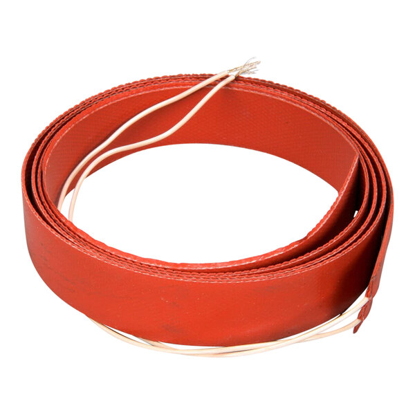 A red rubber belt with white wires.