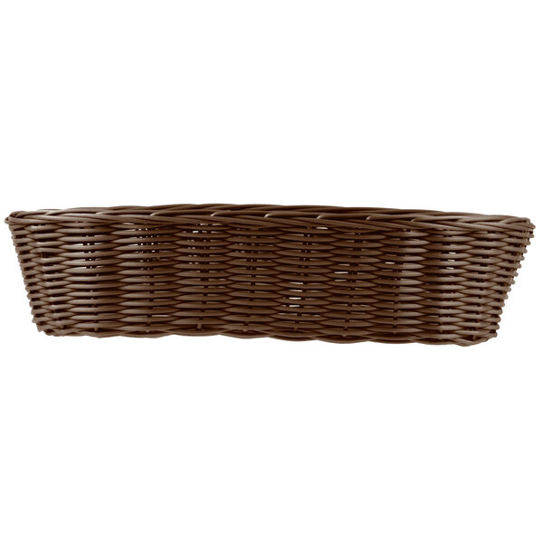 A close-up of a brown Tablecraft rattan basket with handles.