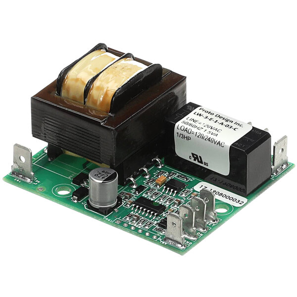 A close-up of a black and white electronic circuit board for a Crown Steam level controller.