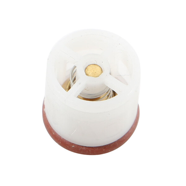 A close-up of a white plastic Rational non-return valve with a round hole and gold cap.