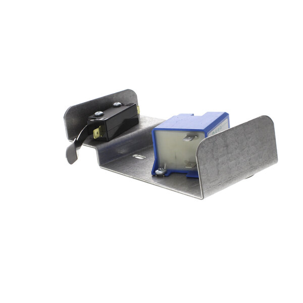 A metal bracket holding a black device with blue and black switches.