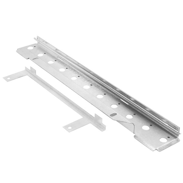 A metal chain guide assembly with metal brackets and holes.