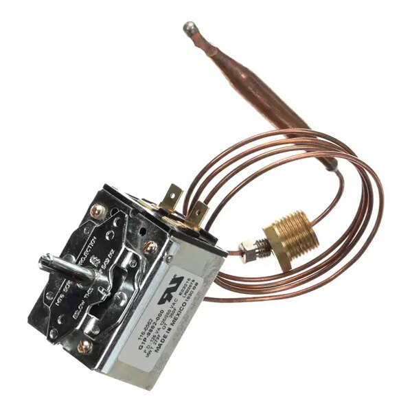 A mechanical thermostat with a copper sensing bulb and capillary tube, used for temperature control in appliances.