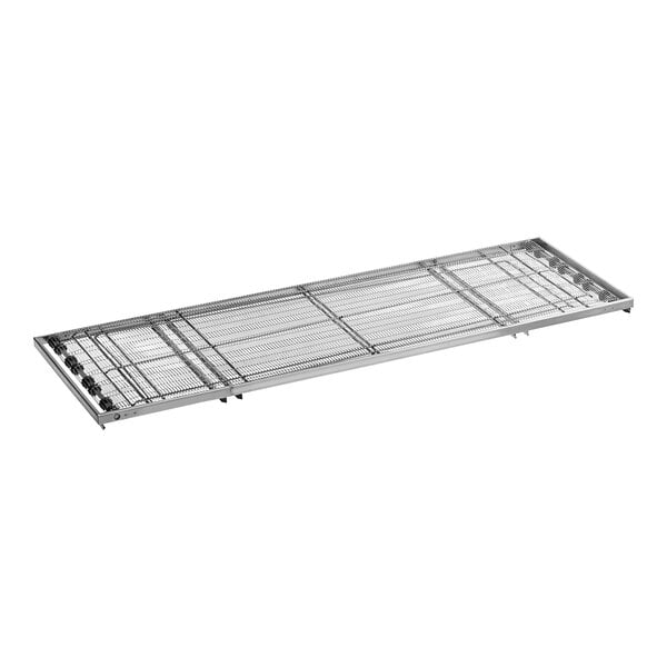 A metal conveyor assembly for a commercial oven, approximately 2 feet in length.