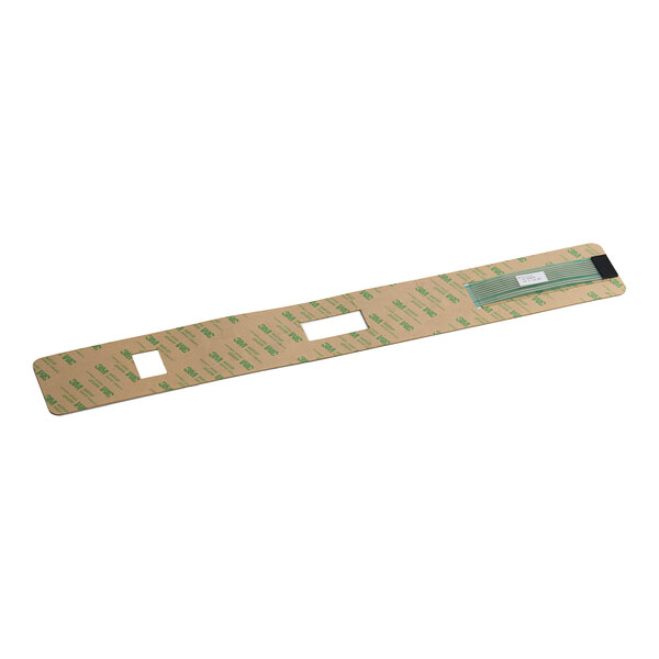 A long, rectangular membrane switch with cutouts and a flexible connector, designed for use in Lincoln equipment.