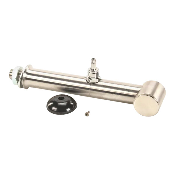 A stainless steel leg assembly with an integrated valve and additional mounting components.