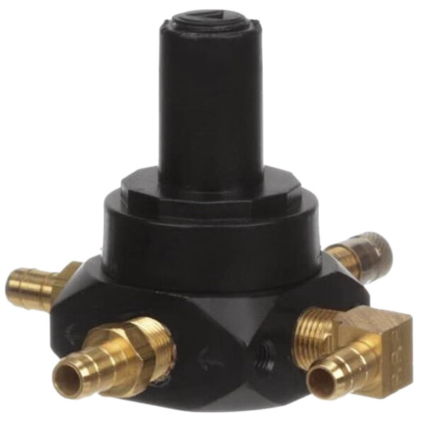 A black rectangular charge regulator with brass fittings.