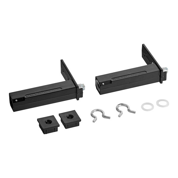 Two black metal brackets with screws and nuts.