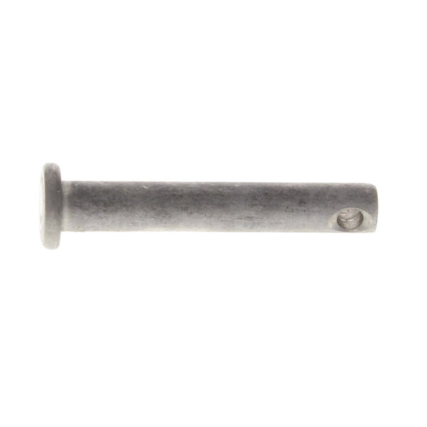 A close-up of a metal screw with a white background.