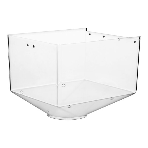 A clear plastic square Bunn hopper with screws.