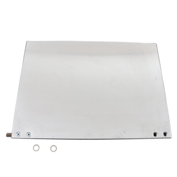 A white metal Blodgett 21091 right door assembly plate with screws and holes.